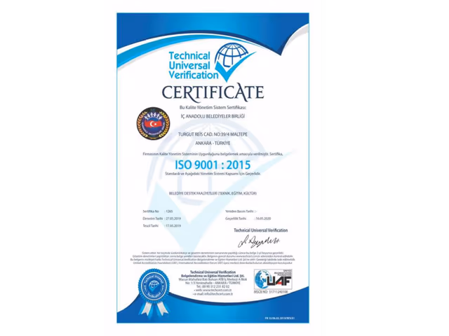 ISO 9001:2015 Kalite Yönetim Sistem Belgesi almaya hak kazandık.