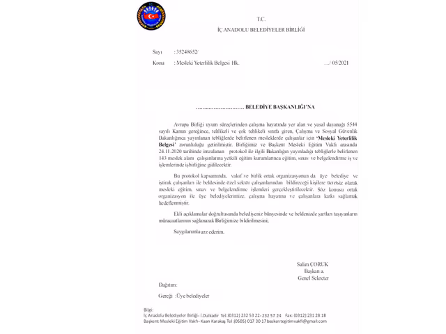 Mesleki Yeterlilik Belgelendirme işlemlerinde Başkent Mesleki Eğitim Vakfı ile işbirliğine ilişkin yazı, liste ve müracaat formu ektedir.